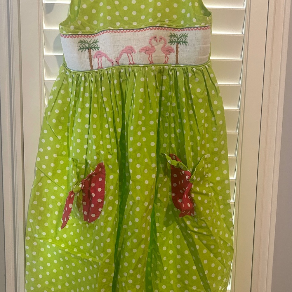 Green Polka Dot Kids Dress with Flamingo Detail